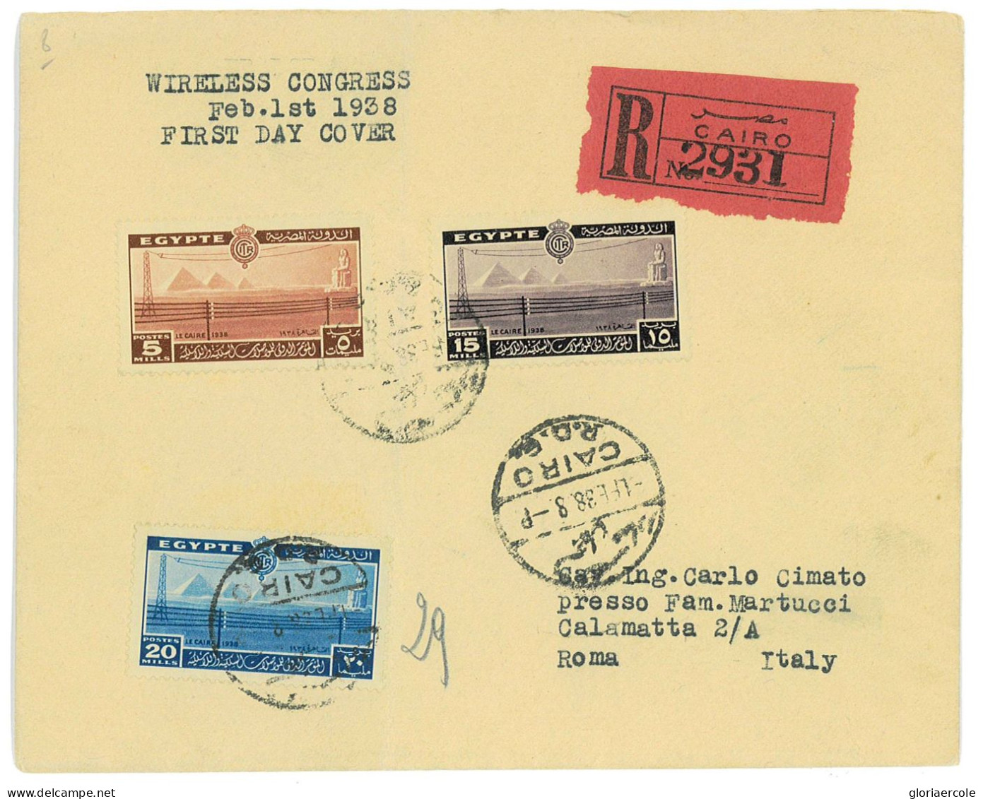 P2946 - EGYPT . 1938 WIRELESS CONGRESS 1938 FDC TO ITALY, REGISTRED - Covers & Documents