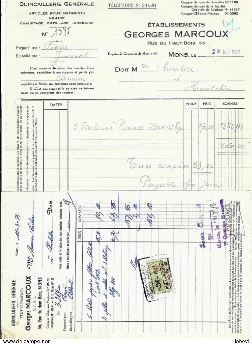 MONS – Ets Georges MARCOUX – Quicaillerie Générale – Lot De Factures Différentes (1952/58 - 1950 - ...