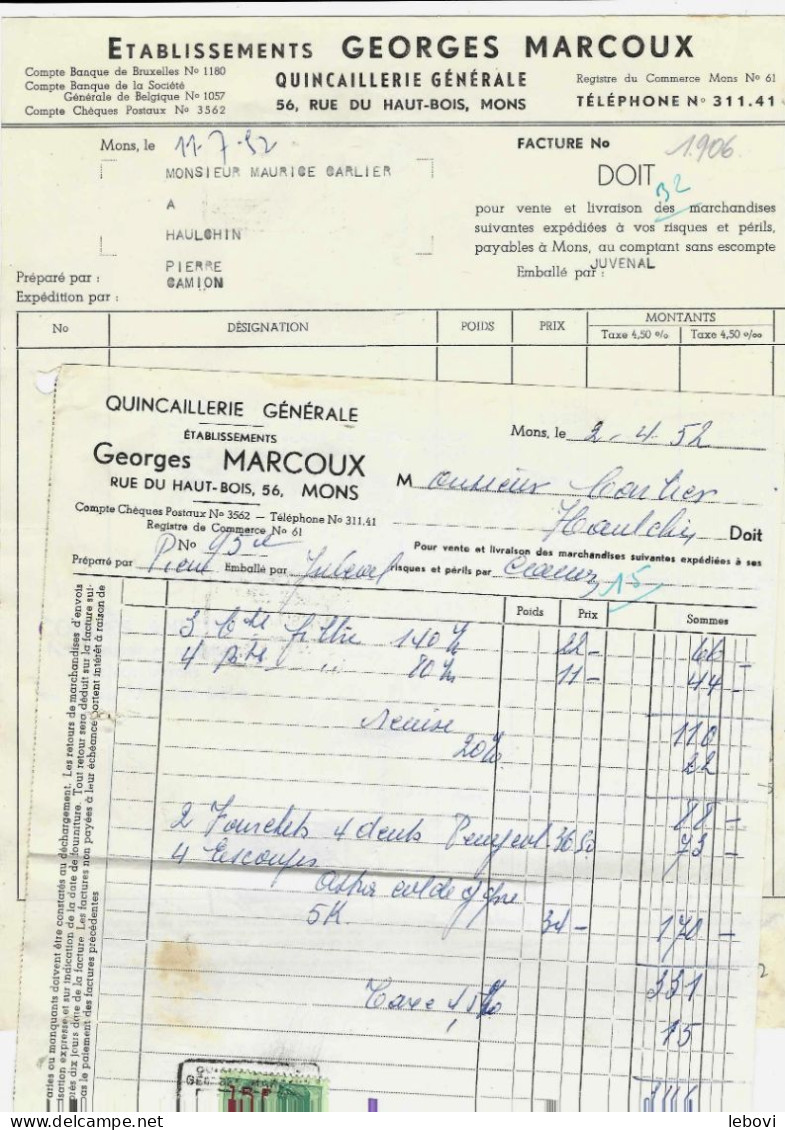 MONS – Ets Georges MARCOUX – Quicaillerie Générale – Lot De Factures Différentes (1952/58 - 1950 - ...