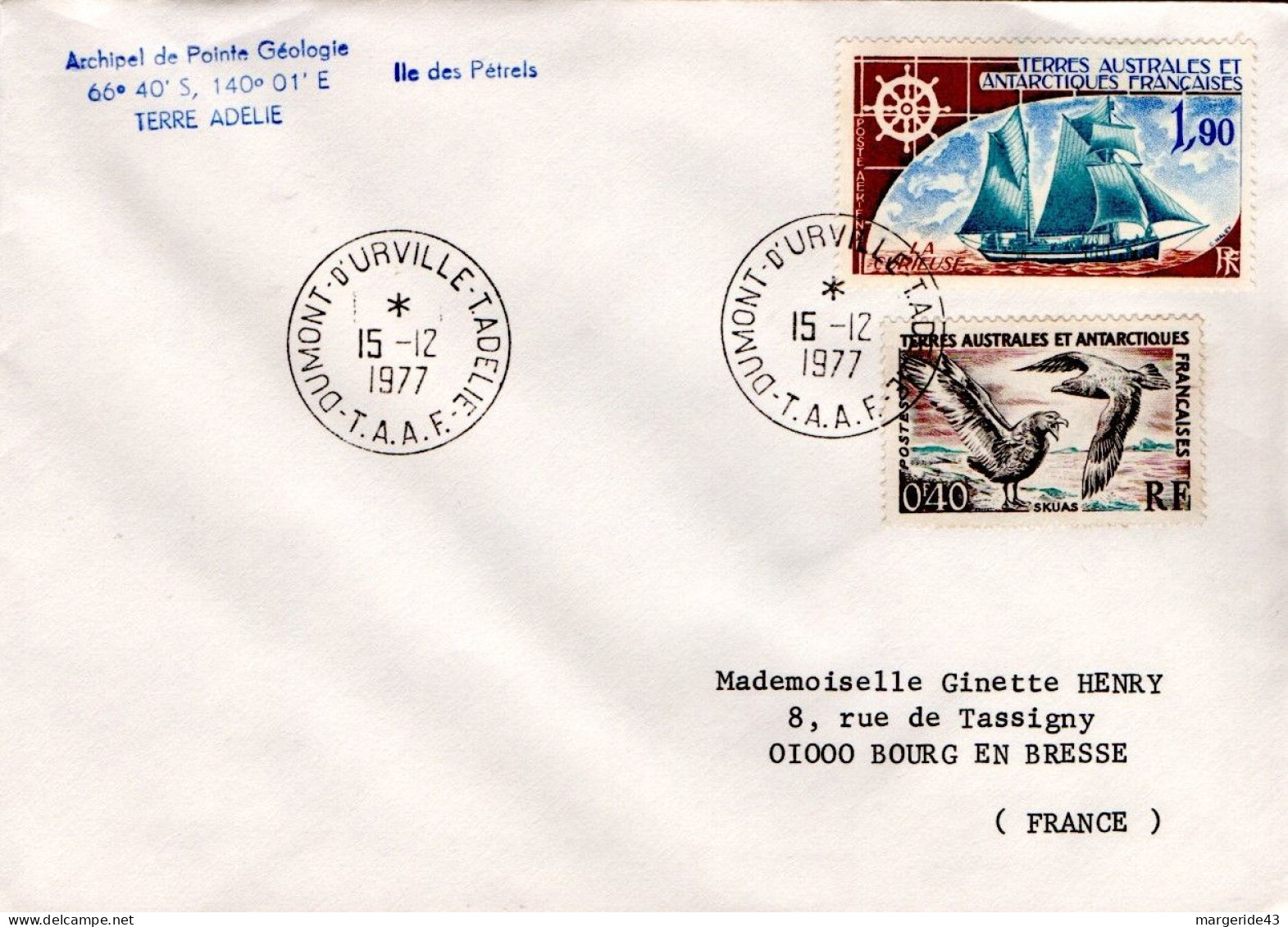 TAAF LETTRE DE DUMONT D'URVILLE 1977 - Lettres & Documents