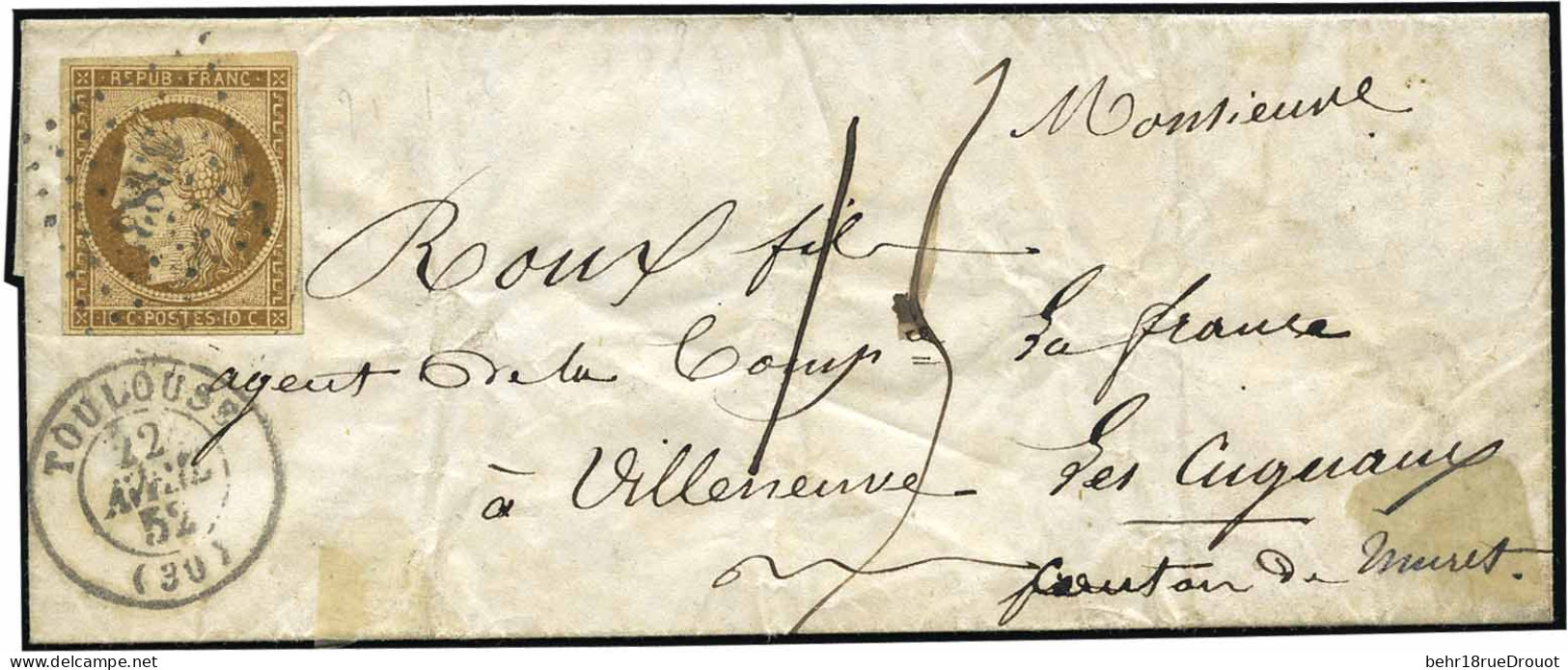 Obl. 1 - 10c. Bistre-jaune Obl. PC 3383 S/lettre Frappée Du CàD De TOULOUSE Du 22 Avril 1852. Taxée à 15d. à Destination - 1849-1850 Cérès