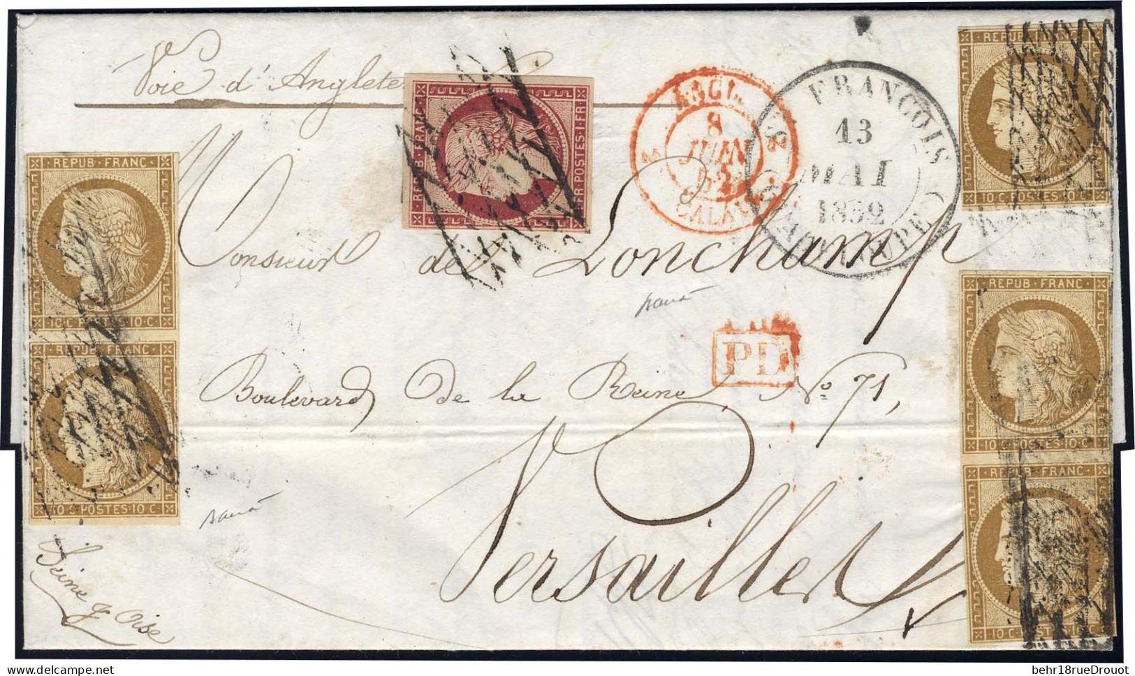 Obl. 1 X 5 + 6 - 10c. Bistre, 2 Paires + 1 Unité (avec Légers Défauts) + 1F. Carmin Obl. Grille Sans Fin S/lettre Frappé - 1849-1850 Ceres