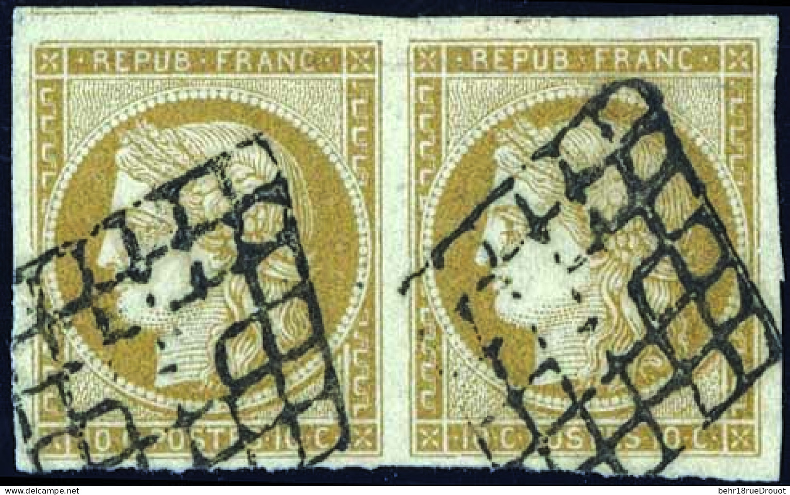 Obl. 1b - Paire Du 10c. Bistre Verdâtre. Obl. Grille. SUP. - 1849-1850 Ceres