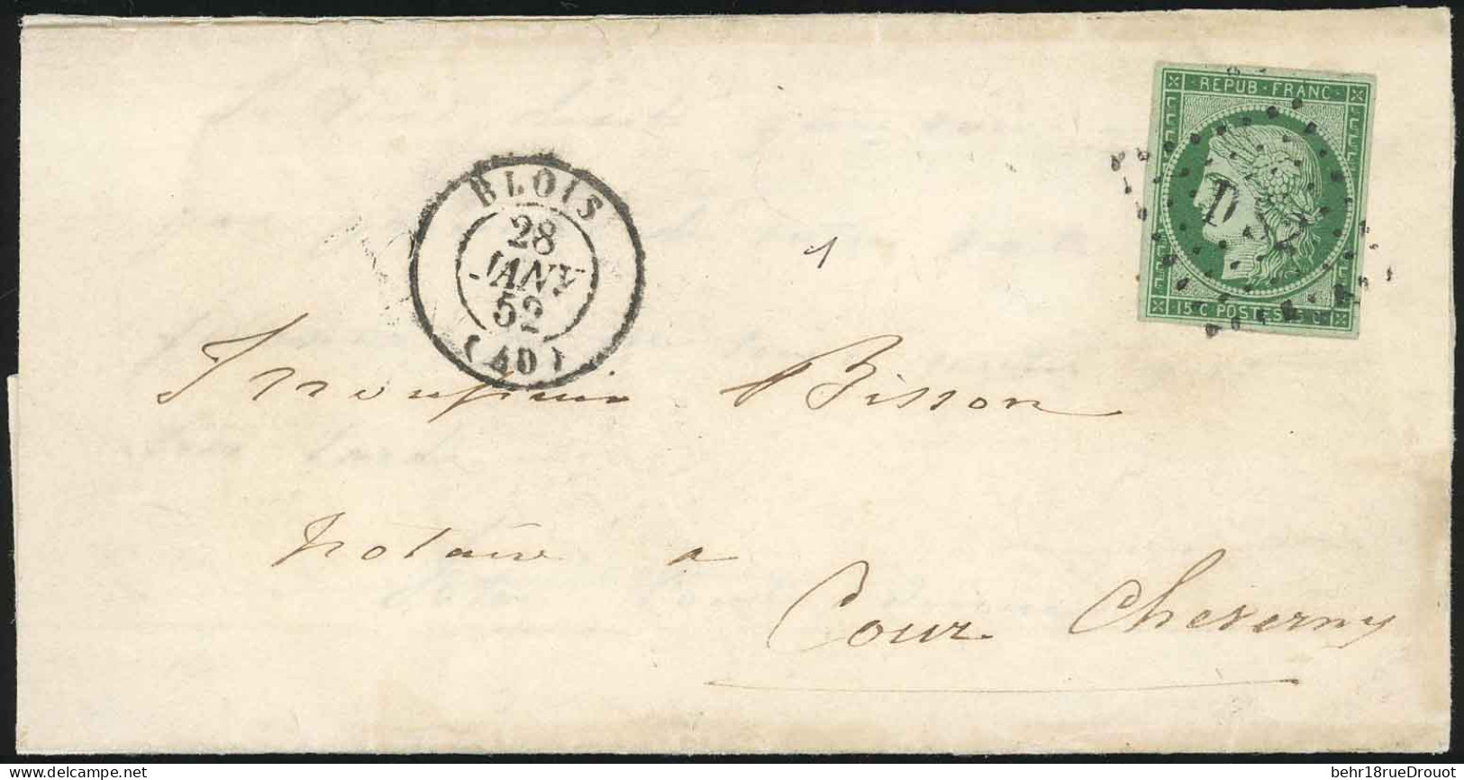 Obl. 2 - 15c. Vert Obl. Losange ''DS2'' S/lettre Frappée Du CàD De BLOIS Du 28 Janvier 1852 à Destination De COUR-CHEVER - 1849-1850 Ceres