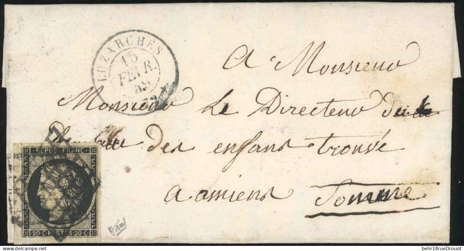 Obl. 3 - 20c. Noir S/jaune Obl. Grille S/lettre Frappée Du CàD De LUZARCHES Du 15 Février 1849 à Destination D'AMIENS. T - 1849-1850 Ceres