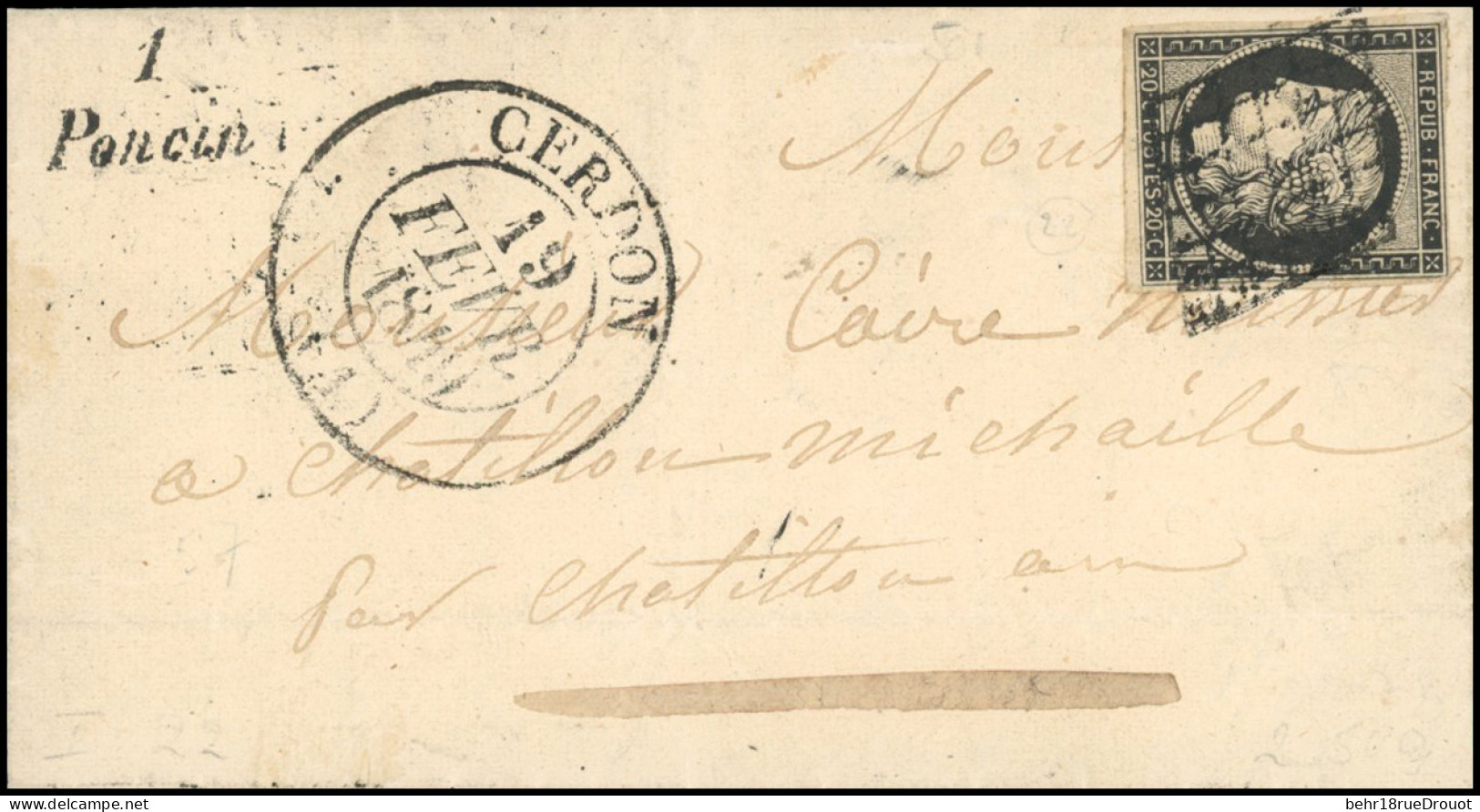 Obl. 3 - 20c. Noir S/jaune Obl. Grille S/lettre Frappée Du CàD (Type 13) De CERDON Du 19 Février 1849 + Cursive ''1 Ponc - 1849-1850 Cérès