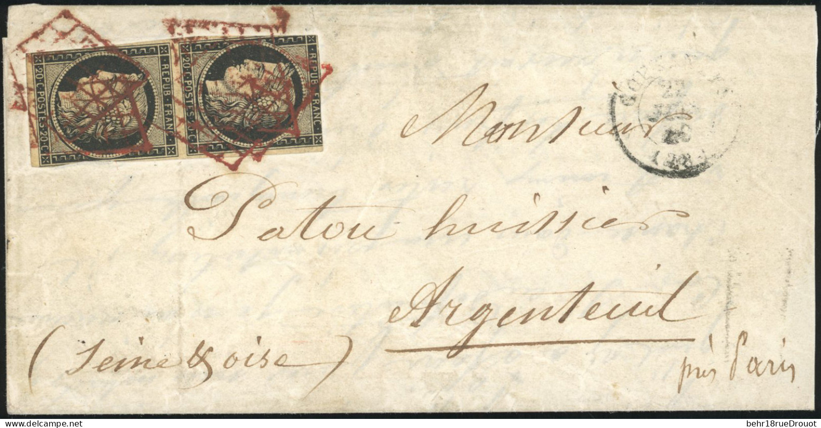 Obl. 3 - Paire Du 20c. Noir Obl. Grille Rouge Vif S/lettre Frappée Du CàD De COUTANCES Du 22 Juin 1849 à Destination D'A - 1849-1850 Ceres