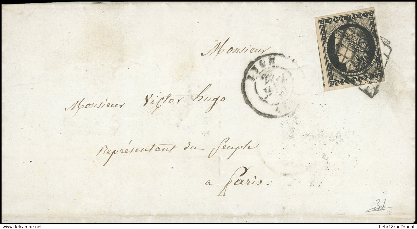 Obl. 3 - 20c. Noir S/jaune Obl. Grille S/lettre Frappée Du CàD De LYON Du 2- Janvier 1850 à Destination De Victor HUGO - - 1849-1850 Ceres