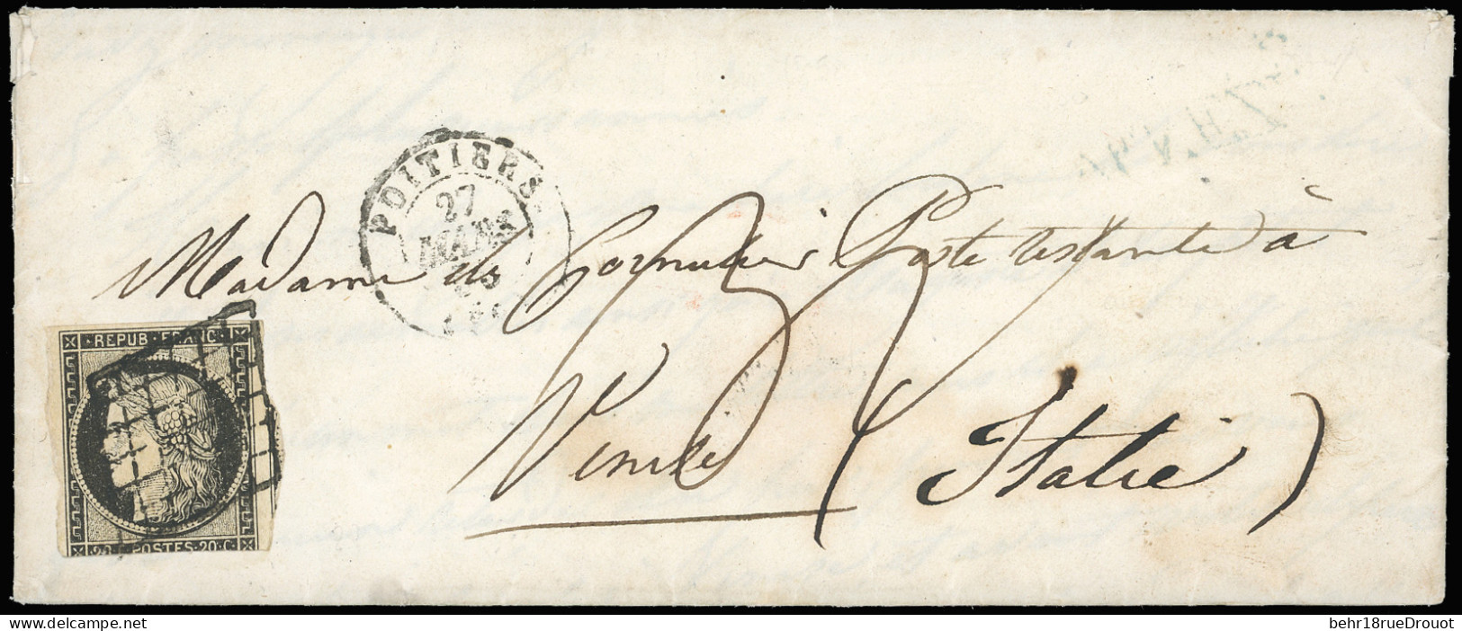 Obl. 3 - 20c. Noir (touché En Bas) Obl. Grille S/lettre Frappée Du CàD De POITIERS Du 27 Mars 1850 à Destination De VENI - 1849-1850 Ceres