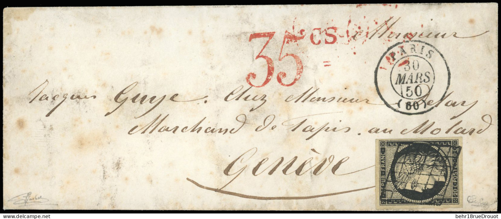Obl. 3 - 20c. Noir Obl. Grille S/lettre Frappe Du CàD De PARIS (60) Du 30 Mars 1850 à Destination De GENEVE - SUISSE. Ta - 1849-1850 Cérès