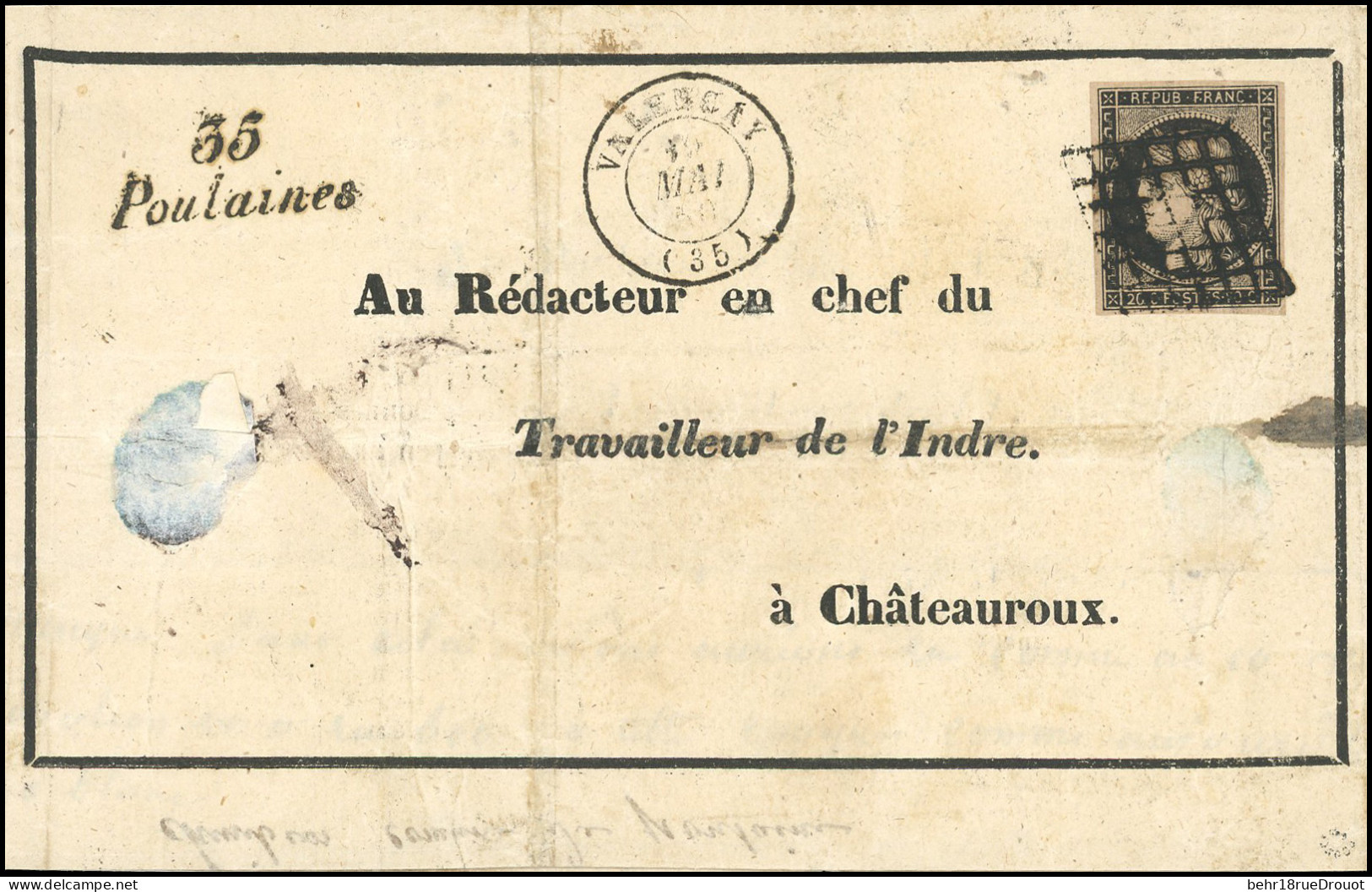 Obl. 3 - 20c. Noir S/jaune Obl. Grille S/lettre Frappée Du CàD De VALENCAY Du 1- Mai 1850 Et De La Cursive "35 POULAINES - 1849-1850 Cérès
