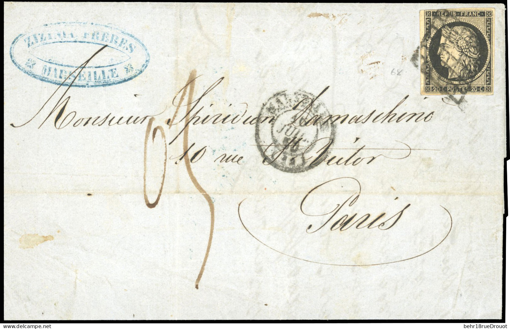 Obl. 3 - 20c. Noir S/jaune Obl. Grille S/lettre Frappée Du CàD De MARSEILLE Du 16 Juillet 1850 à Destination De PARIS. L - 1849-1850 Ceres