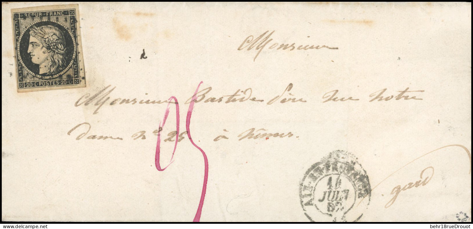 Obl. 3 - 20c. Noir Obl. S/lettre Frappée Du CàD D'AIX-EN-PROVENCE Du 14 Juillet 1852 à Destination De NIMES - GARD. Arri - 1849-1850 Ceres