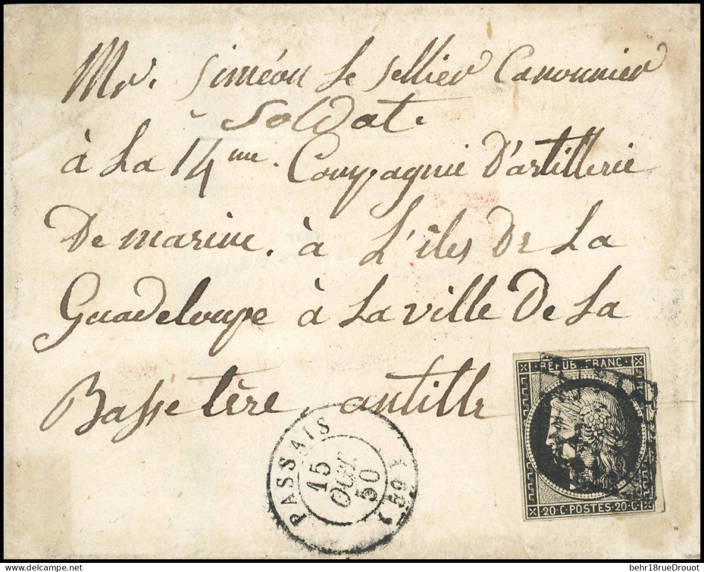 Obl. 3a - 20c. Noir S/blanc Obl. Grille S/lettre Frappée Du CàD De PASSAIS Du 15 Octobre 1850 à Destination De BASSE-TER - 1849-1850 Ceres