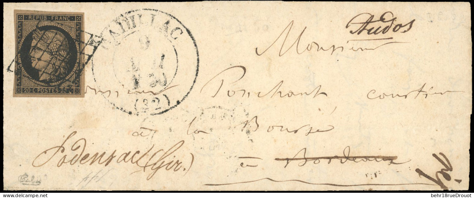 Obl. 3g - 20c. Noir S/chamois Très Foncé Obl. Grille S/lettre Frappée Du Grand CàD D'AURILLAC Du 9 Mai 1850 à Destinatio - 1849-1850 Ceres