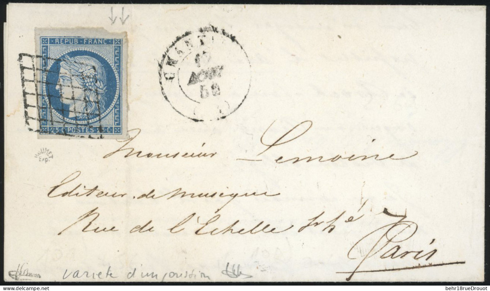 Obl. 4 - 25c. Bleu, Avec Variété D'impression Du Cadre, Petit BdeF Obl. Grille S/lettre Frappée Du CàD De CHANTILLY Du 1 - 1849-1850 Ceres