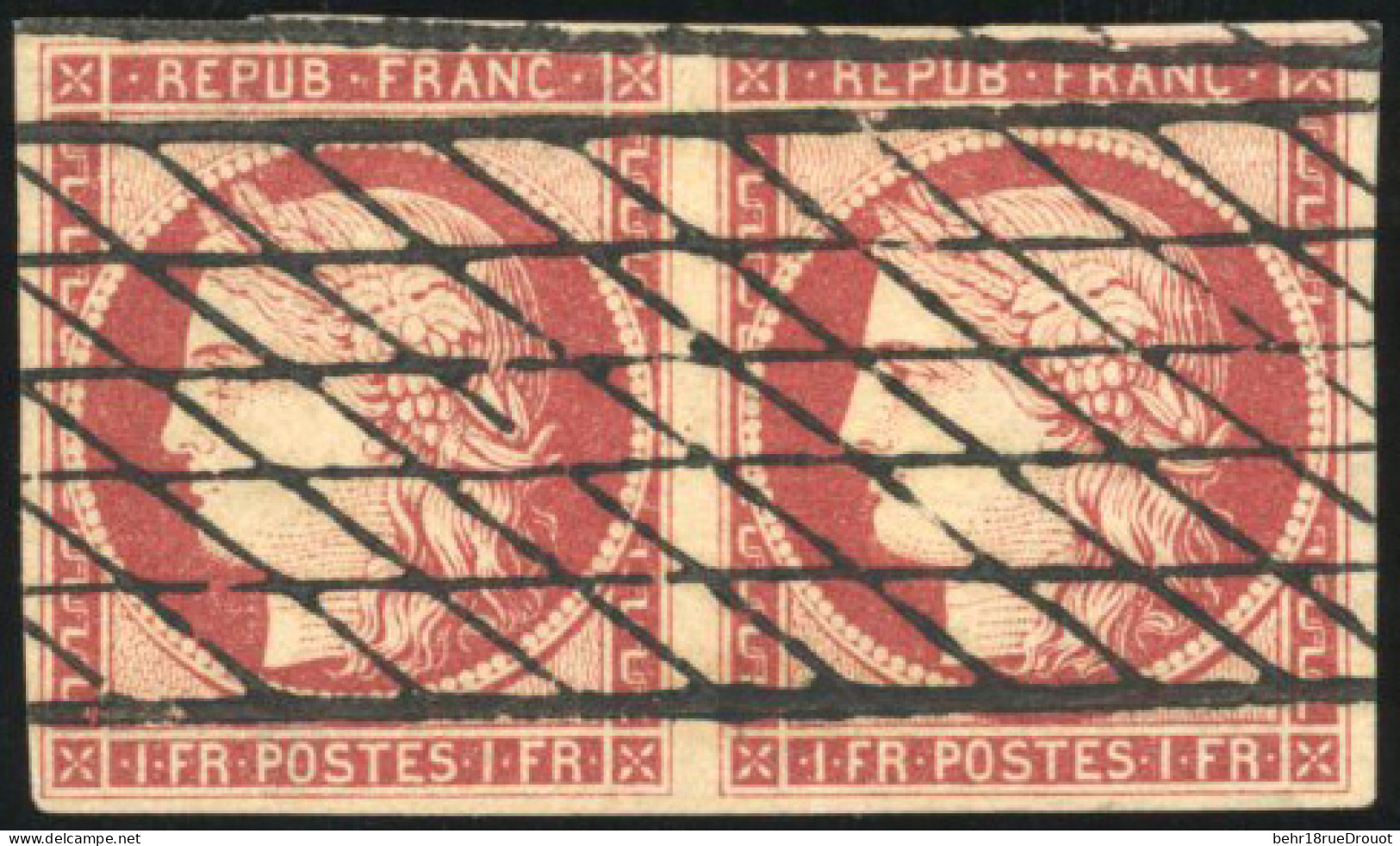 Obl. 6d - 1F. Cerise De 1853. Paire. Obl. Grille Sans Fin. Nuance Exceptionnelle. SUP. - 1849-1850 Cérès