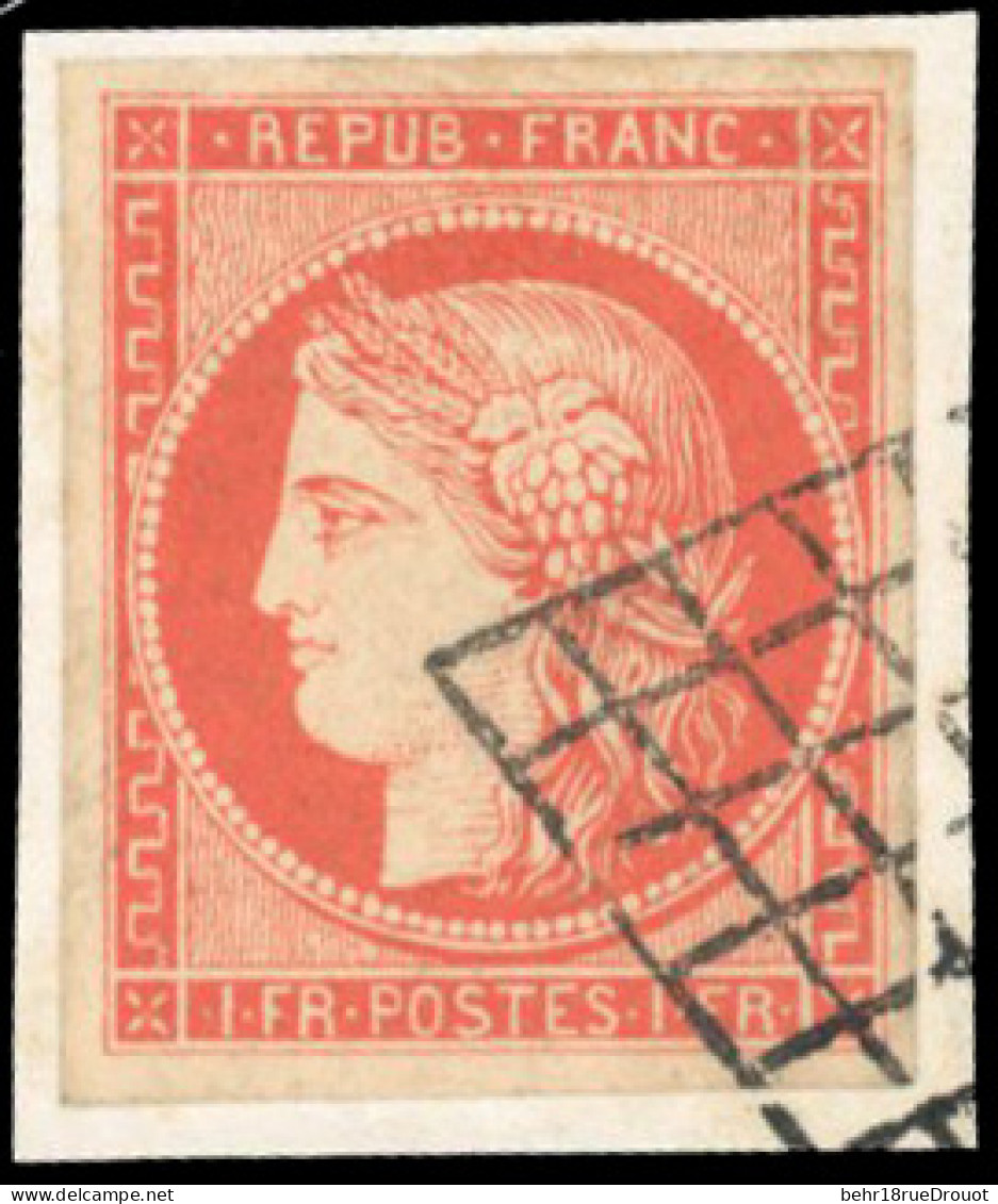 Obl. 7 - 1F. Vermillon. Faux. Obl. Grille S/petit Fragment. - 1849-1850 Cérès