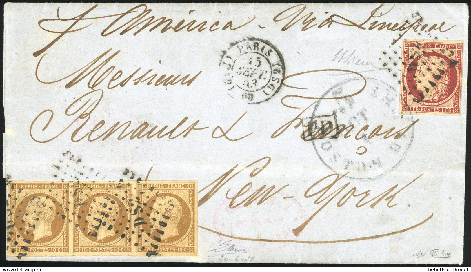 Obl. 9 + 6 - Bande De 3 Du 10c. Bistre-jaune + 1F. Carmin Obl. ''DS2'' S/lettre Frappée Du CàD De PARIS Du 15 Septembre  - 1849-1850 Ceres