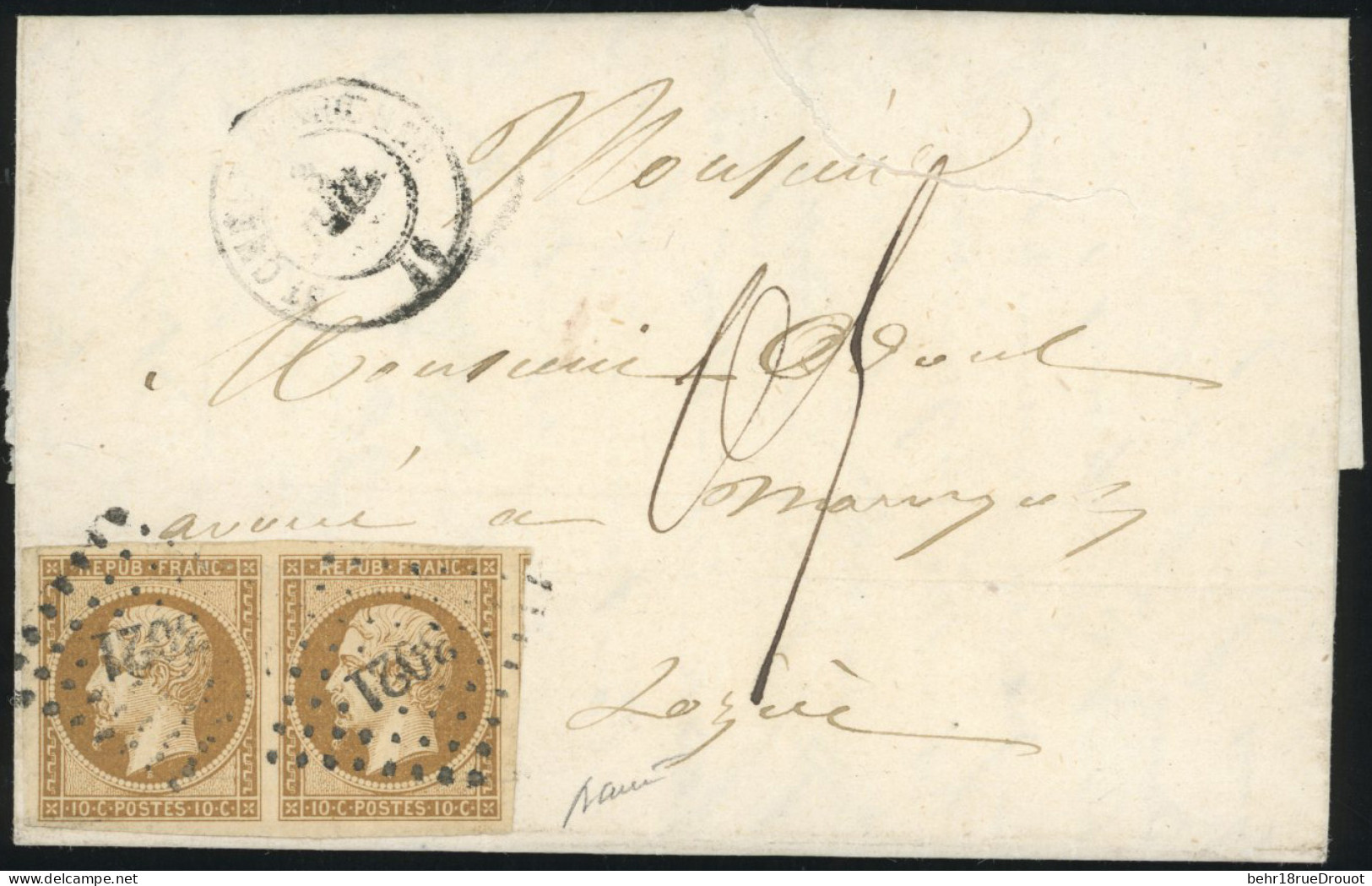 Obl. 9d - Paire Du 10c. Bistre-brun Foncé Obl. PC 3021 S/lettre Manuscrite Du 3 Juillet 1853 Taxée à 0,5c. à Destination - 1849-1850 Ceres