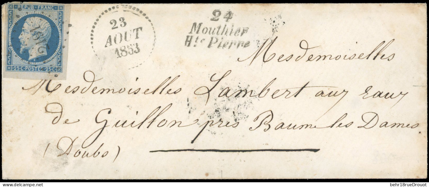 Obl. 10 - 25c. Bleu Avec Coin De Feuille, Obl. PC 2191 S/lettre Frappée Du CàD Perlé Du 23 Août 1853 Et Du Cachet ''24 M - 1849-1850 Ceres