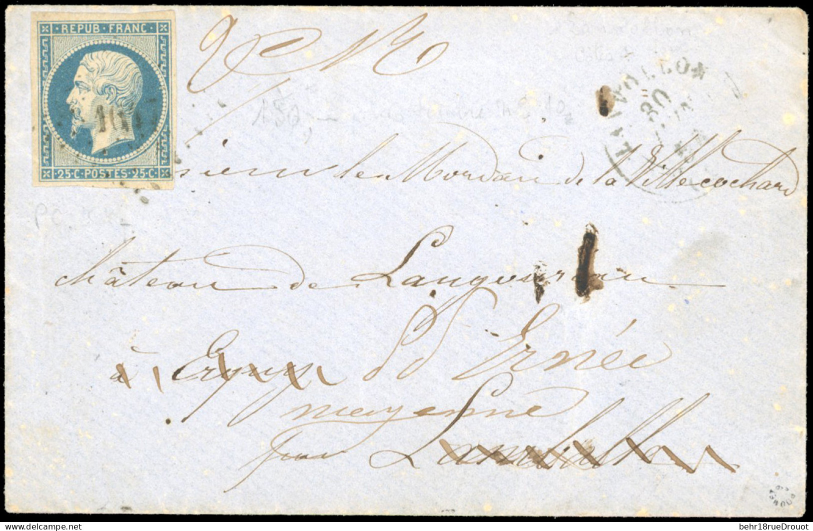 Obl. 10 - 25c. Bleu Obl. PC 1647 S/lettre Frappée Du CàD De LANVOLLON Du 30 Juin 1854 à Destination D'ERQUY - COTE D'AMO - 1849-1850 Ceres