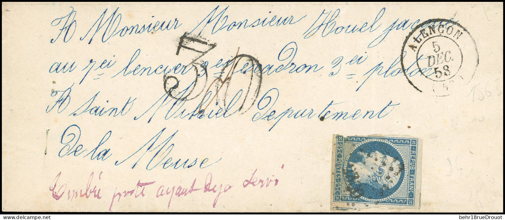 Obl. 10 - 25c. Bleu S/lettre Frappée Du CàD D'ALENCON Du 5 Décembre 1858 à Destination De SAINT-MIHIEL - MEUSE. Mention  - 1849-1850 Ceres