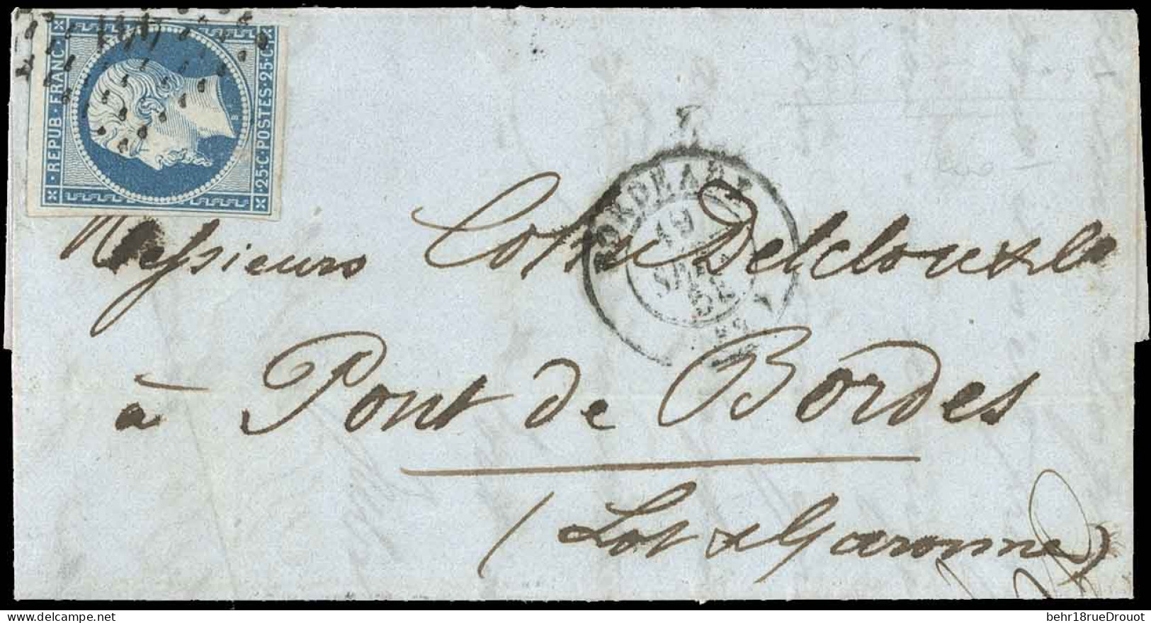 Obl. 10 - 25c. Bleu (déf.) Obl. PC 441, S/lettre Frappée Du CàD De BORDEAUX Du 19 Septembre 1853 Avec Cursive "45 PONT D - 1849-1850 Ceres