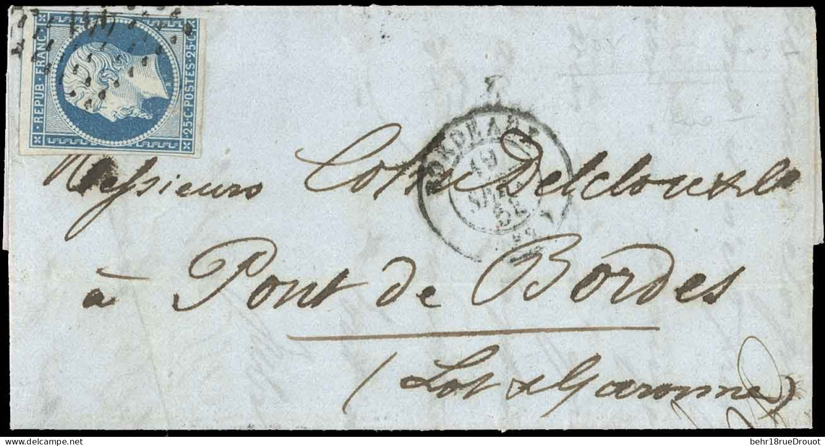 Obl. 10 - 25c. Bleu (déf.) Obl. PC 441, S/lettre Frappée Du CàD De BORDEAUX Du 19 Septembre 1853 Avec Cursive "45 PONT D - 1849-1850 Cérès