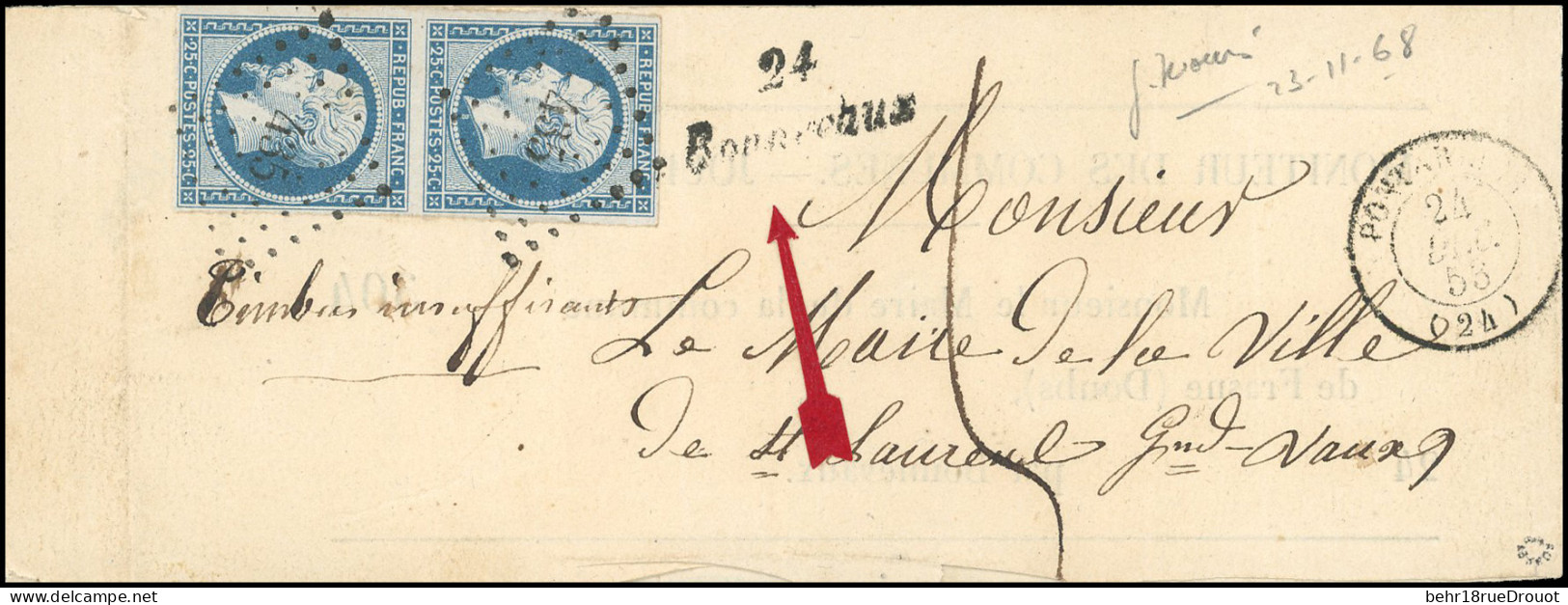 Obl. 10 - Paire Du 25c. Bleu, Obl. PC 435 S/bande D'imprimé Frappée De La Cursive "24 BONNEVAUX" Et Du CàD De PONT-DE-RO - 1849-1850 Ceres