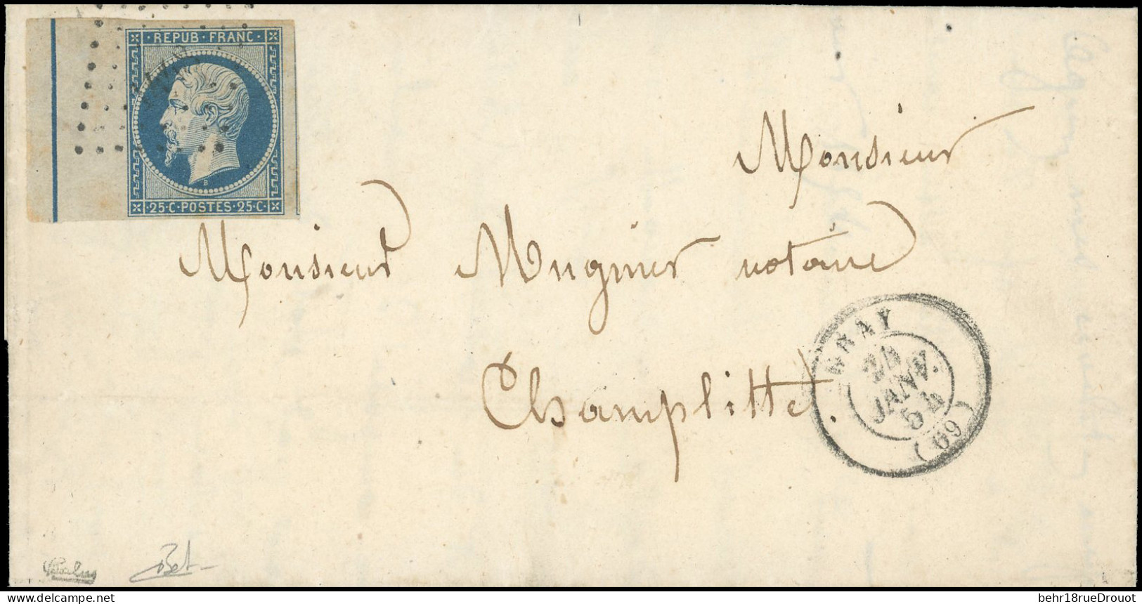 Obl. 10b - 25c. Bleu Avec Filet D'encadrement, Obl. PC 1448 S/lettre Frappée Du CàD De GRAY Du 24 Janvier 1854 à Destina - 1849-1850 Cérès