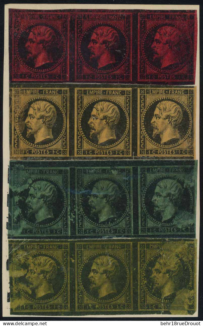 (*) 11 - Essai En Bande De3 S/papier Baudruche Du 1c. En Rouge S/noir, En Jaune S/noir, En Vert S/noir Et En Gris-jaune  - 1853-1860 Napoléon III.