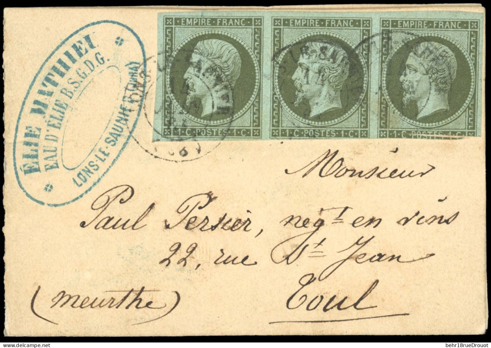 Obl. 11 - 1c. Olive, Bande De 3 (2 Timbre Déf.) Obl. S/lettre Frappée Du CàD Du 14 Juin 1861 à Destination De TOUL - MEU - 1853-1860 Napoleone III