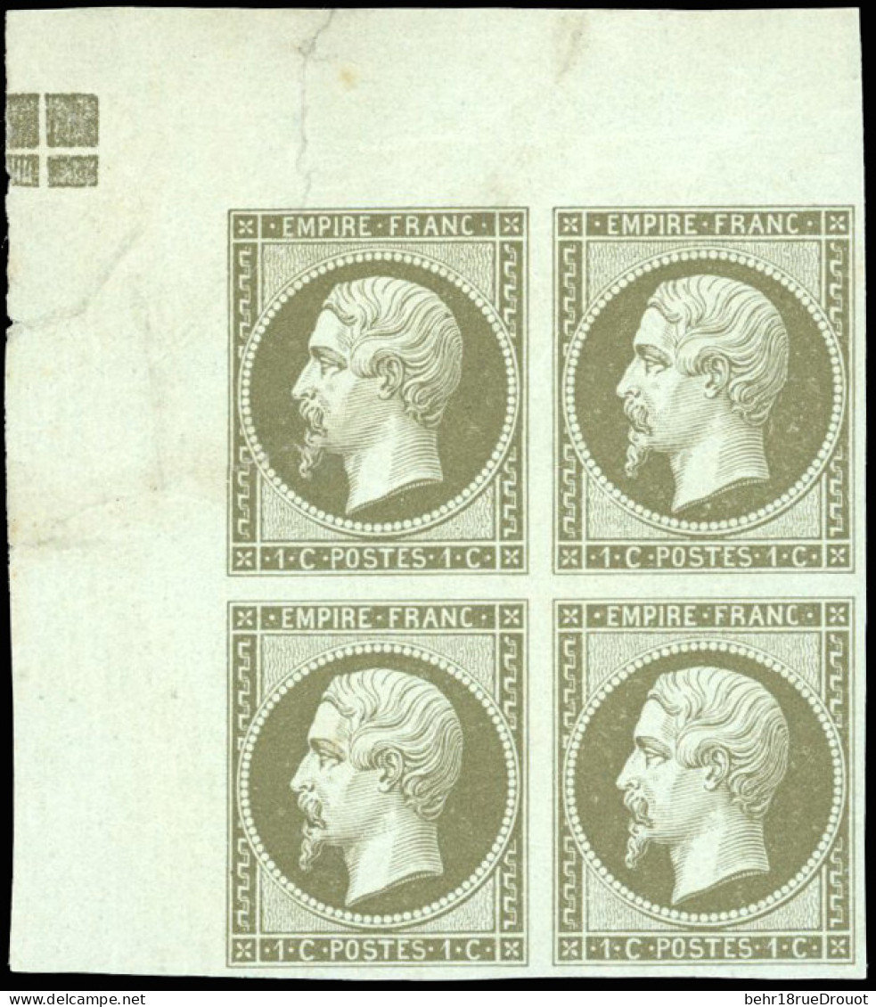 ** 11e - 1c. Bronze. Bloc De 4 Avec Carré De Repère Entier. Défaut Sur 1 Timbre Sinon Pièce Exceptionnelle. R. - 1853-1860 Napoleone III