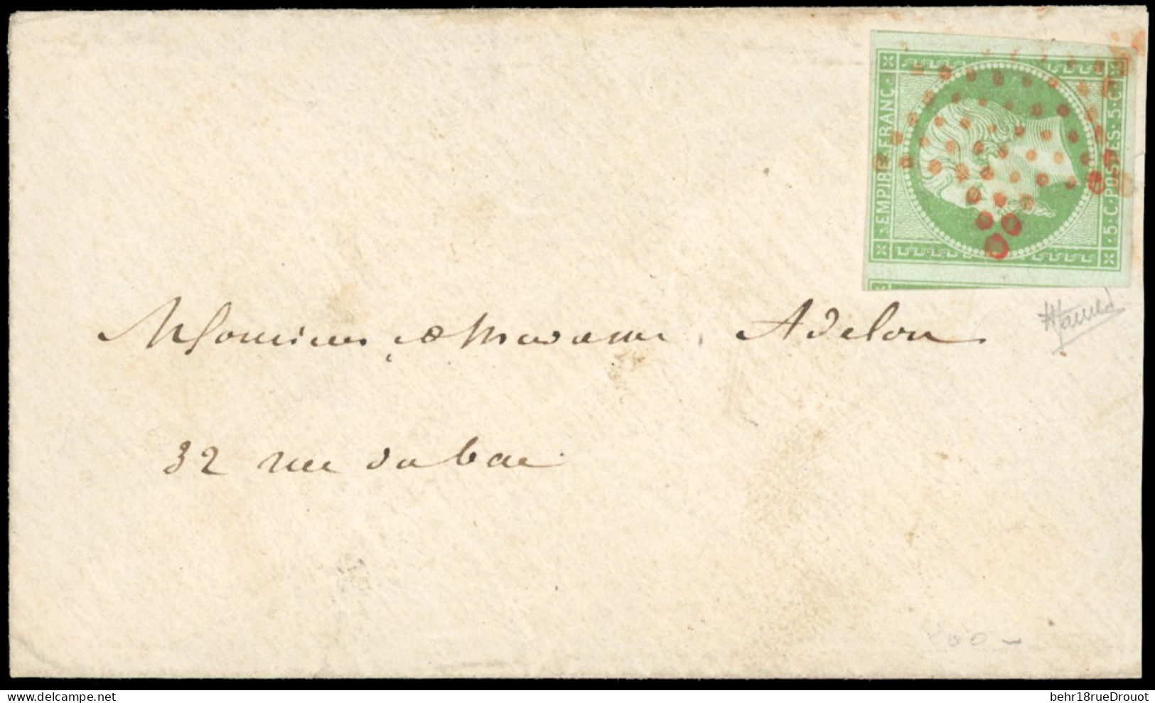 Obl. 12 - 5c. Vert Obl. étoile Rouge S/enveloppe Format Carte De Visite Locale. SUP. - 1853-1860 Napoléon III.