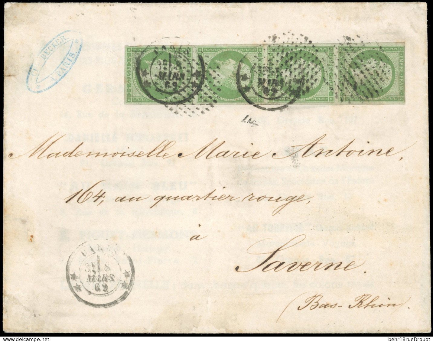 Obl. 12 - 5c. Vert. Bande De 4 Obl. Rond De Point S/lettre Frappée Du CàD De PARIS Du 8 Mars 1862 à Destination De SAVER - 1853-1860 Napoleone III