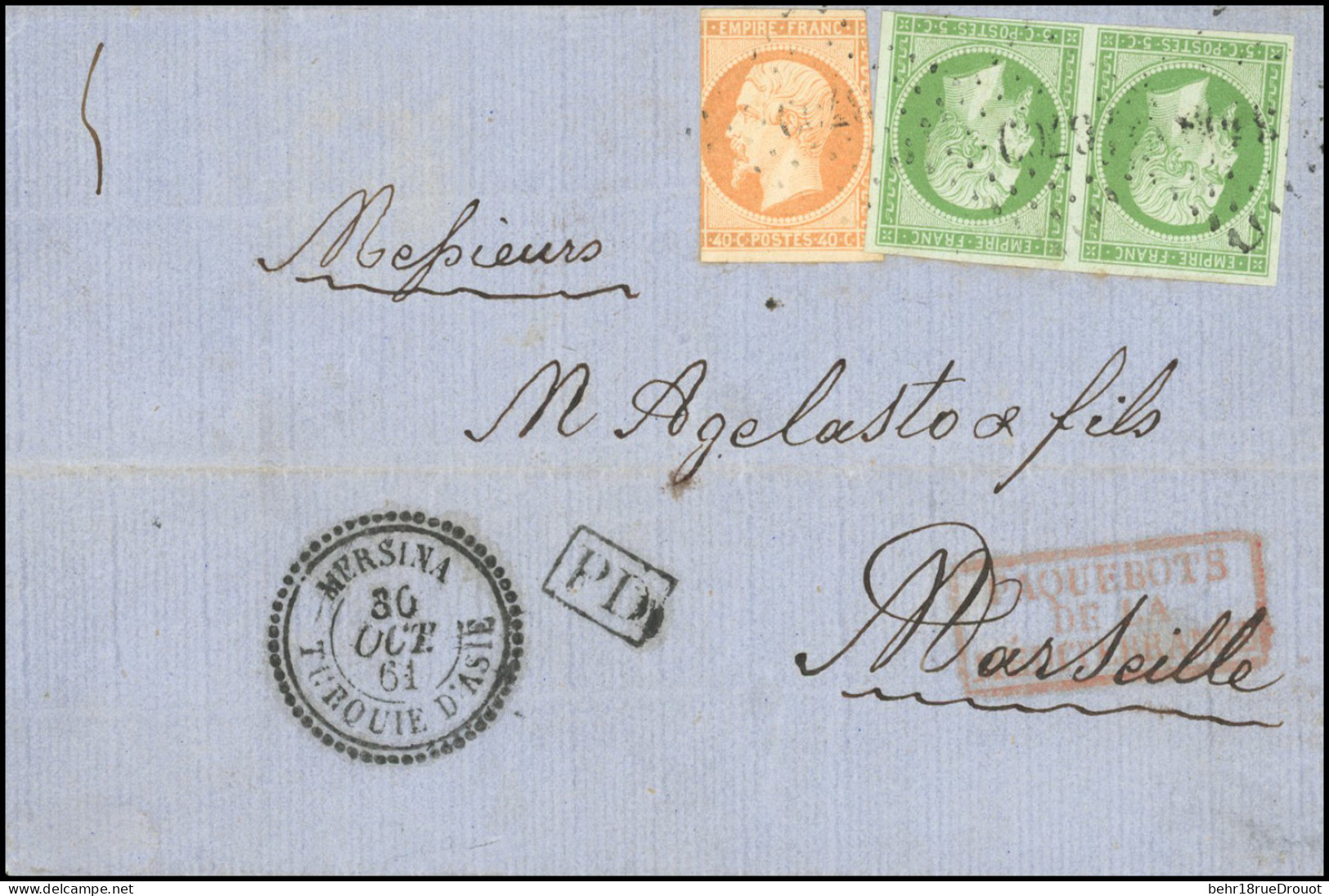 Obl. 12 X2 + 16 - Paire Du 5c. Vert + 40c. Orange (déf.) Obl. 3770 PC S/lettre Frappée Du Cachet Perlé MERSINA - TURQUIE - 1853-1860 Napoleon III