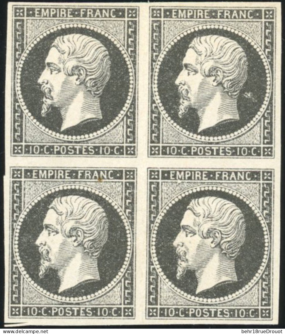 * 13 - Essais Du 10c. 3 Blocs De 4 : En Noir S/ardoise, Noir S/verdâtre Et Noir S/verdâtre Foncé. SUP. - 1853-1860 Napoléon III