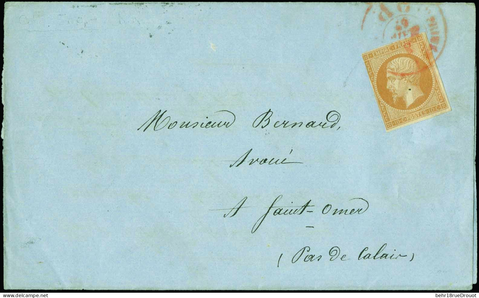 Obl. 13A - 10c. Bistre (touché) Obl. Cachet PP Rouge Des IMPRIMES Du 8 Mars 1862 à Destination De ST-OMER. Belle Frappe. - 1853-1860 Napoleon III