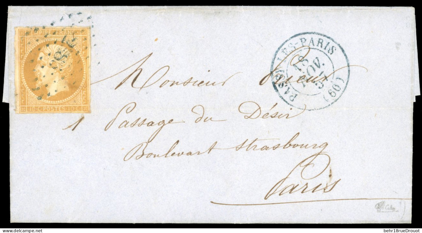 Obl. 13A - 10c. Bistre, Type I, Obl. Losange PC Bleu 2386 S/lettre Frappée Du CàD Bleu De PASSY-LES-PARIS Du 18 Novembre - 1853-1860 Napoléon III.
