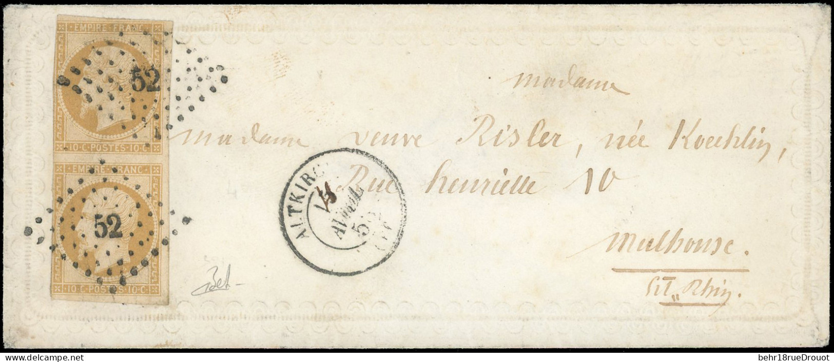 Obl. 13Ax 2 - Paire Verticale Du 10c. Bistre-jaune (déf.) Obl. PC 52 S/valentine Avec Texte, Frappée Du CàD D'ALTKIRCH D - 1853-1860 Napoleone III