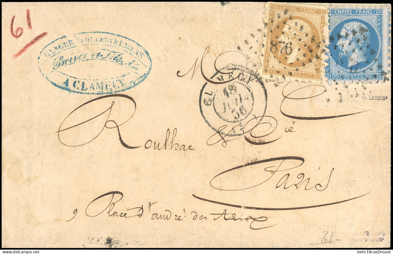 Obl. 13A + 14 - 10c. Bistre + 20c. Bleu, Avec Piquage De Clamecy, Obl. PC 876 S/lettre Frappée Du CàD De CLAMECY Du 18 J - 1853-1860 Napoleone III