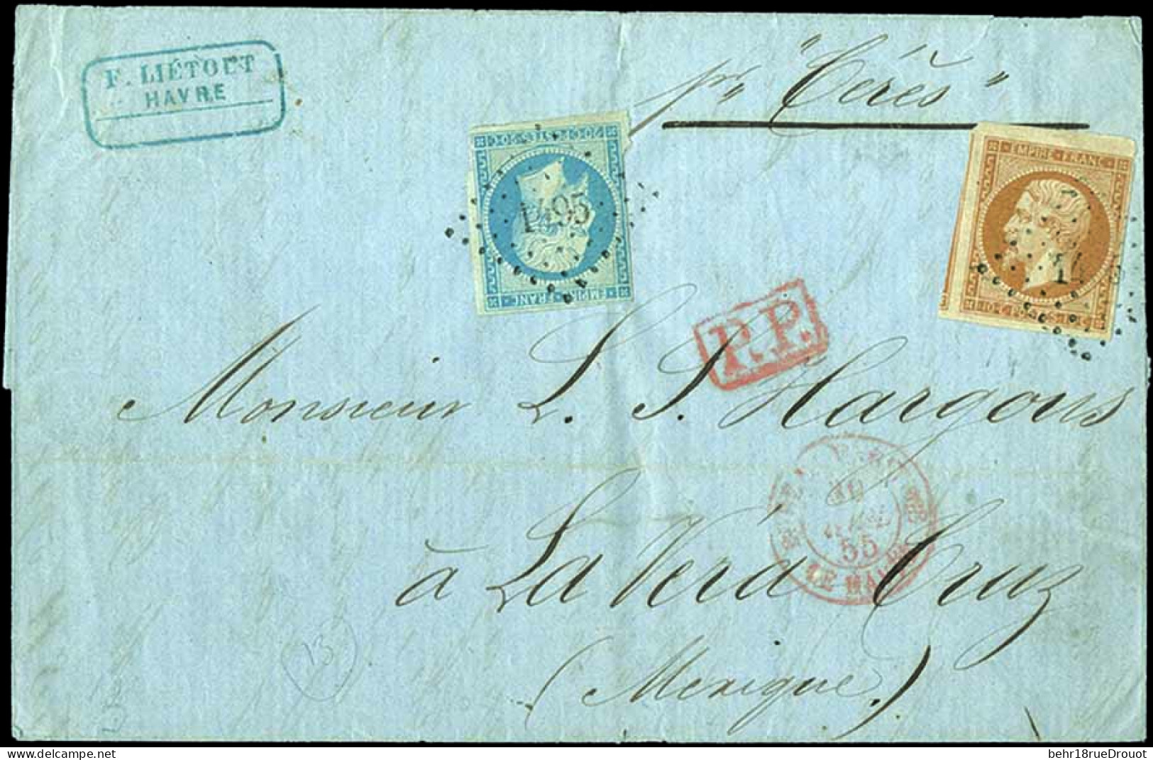 Obl. 13A+ 14 - 10c. Bistre + 20c. Bleu (touché) Obl. PC 1495 S/lettre Frappée Du CàD ''BUREAU MARITIME DU HAVRE'' Du 10  - 1853-1860 Napoléon III