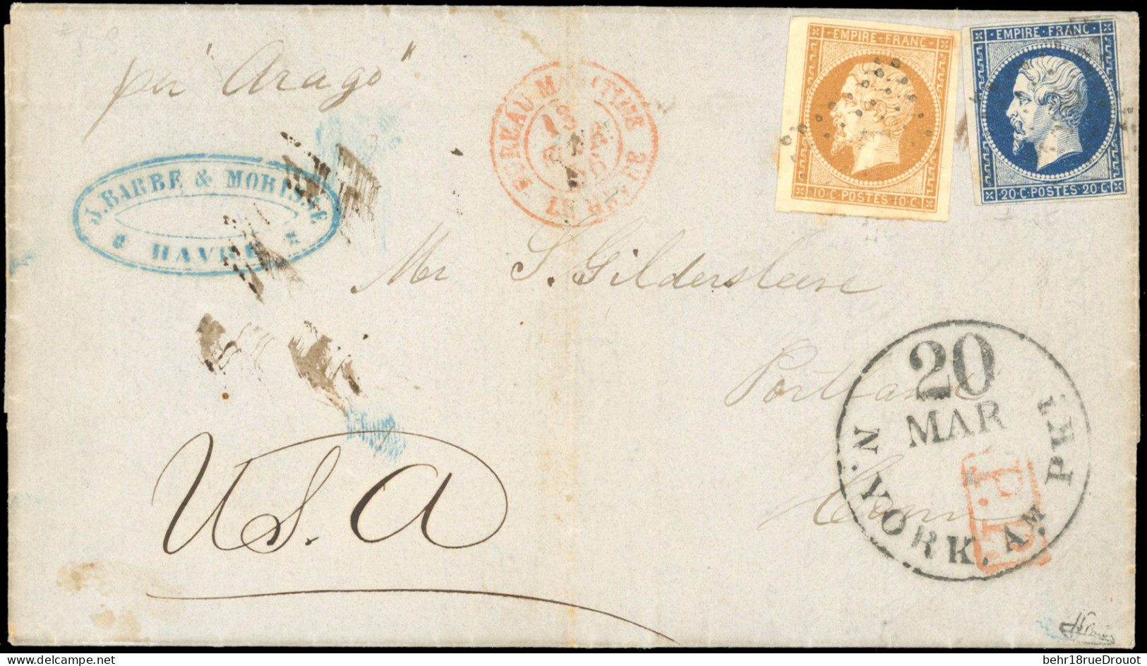 Obl. 13A+ 14A - 10c. Bistre + 20c. Bleu Obl. PC 1495 S/lettre Frappée Du CàD Rouge Du BUREAU MARITIME DU HAVRE Du 13 Mar - 1853-1860 Napoléon III.