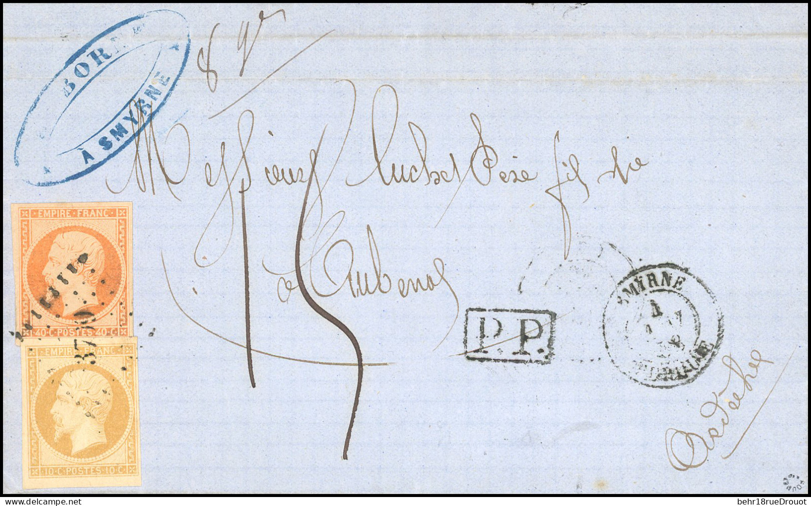Obl. 13Aa + 16 - 10c. Jaune-citron + 40c. Orange, Obl. Losange PC 3709 S/lettre Frappée Du CàD De SMYRNE - TURQUIE Du 4  - 1853-1860 Napoleon III