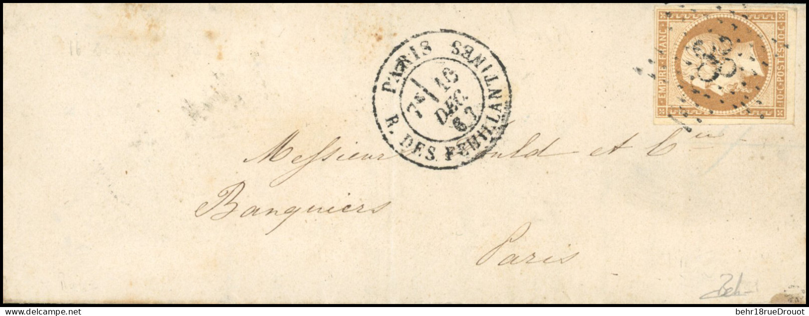 Obl. 13B - 10c. Brun-clair Obl. étoile 38 S/lettre Locale Frappée Du CàD De PARIS - R. DES FEUILLANTINES Du 16 Décembre  - 1853-1860 Napoléon III.