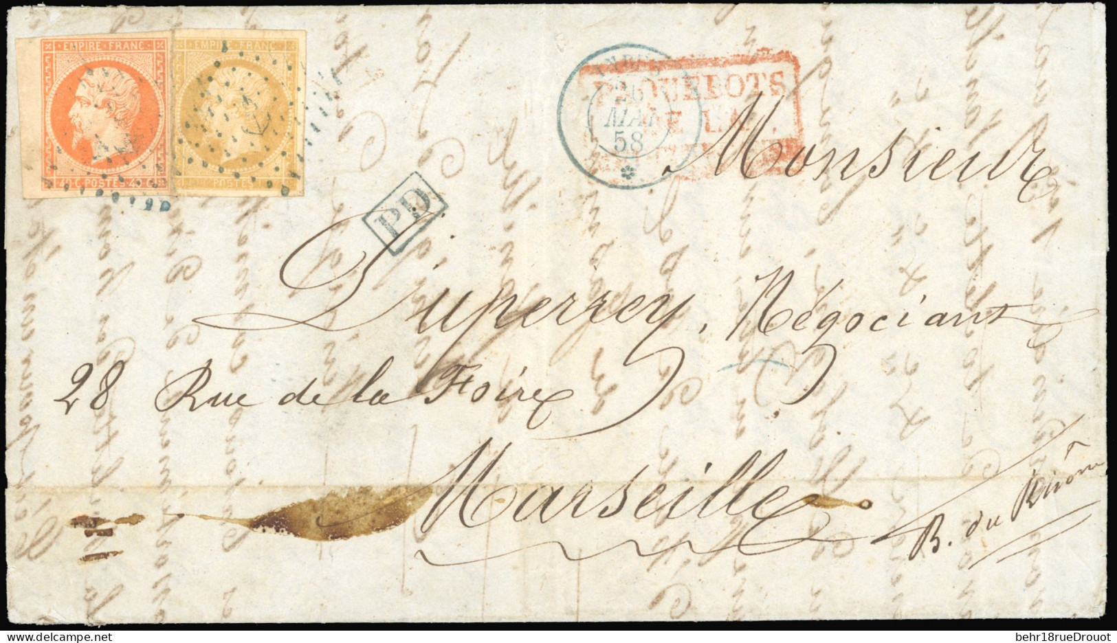 Obl. 13B + 16 - 10c. Bistre (déf.) + 40c. Orange Obl. S/lettre Frappée Du CàD Du 26 Mai 1858 à Destination De MARSEILLE  - 1853-1860 Napoléon III