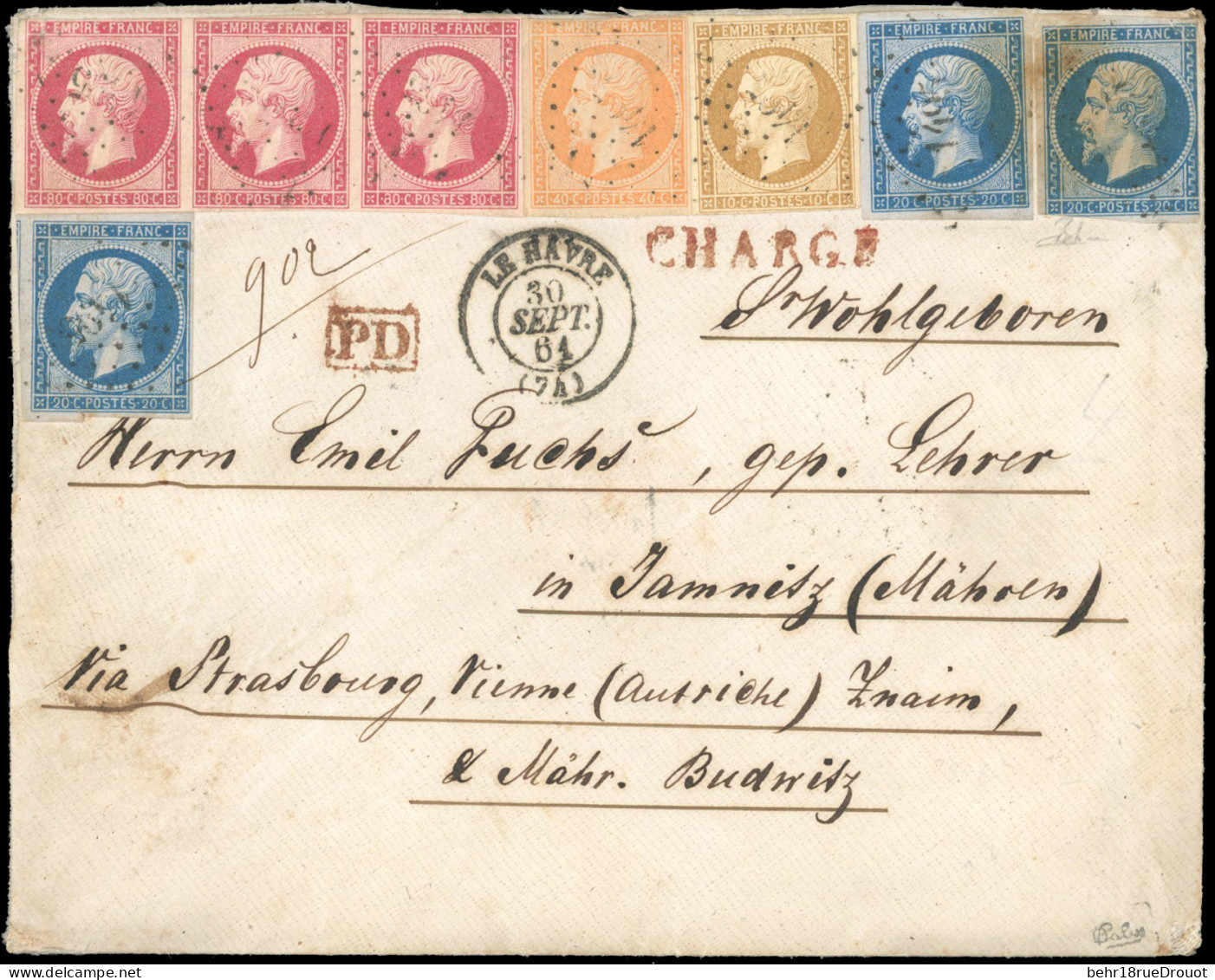 Obl. 13+ 14 + 16 + 17 - 10c. Bistre + 20c. Bleu X 3 + 40c. Orange + Bande De 3 Du 80c. Obl. PC 1495 S/lettre Chargée Fra - 1853-1860 Napoléon III