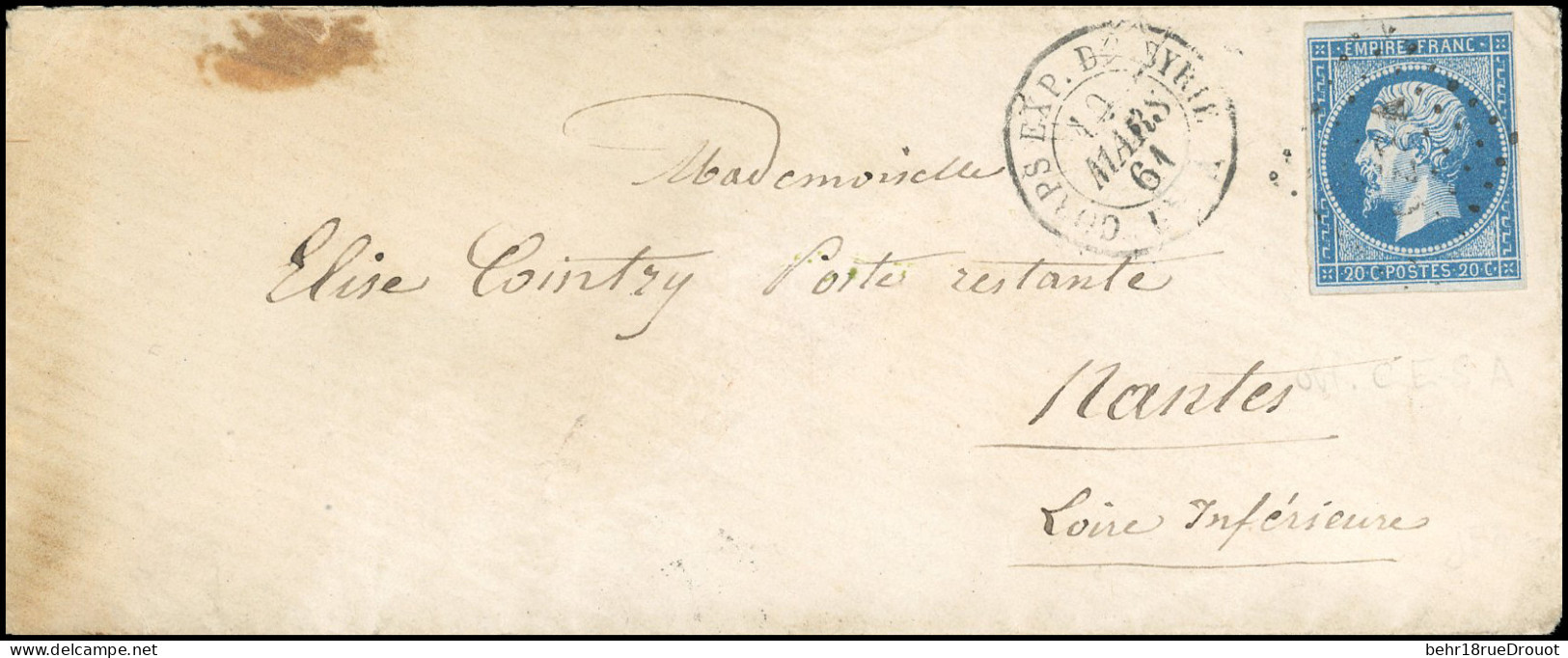 Obl. 14A - 20c. Bleu, Obl. CESA S/lettre Frappée Du CàD CORPS EXP. DE SYRIE Du 10 Mars 1851 à Destination De NANTES - LO - 1853-1860 Napoleon III