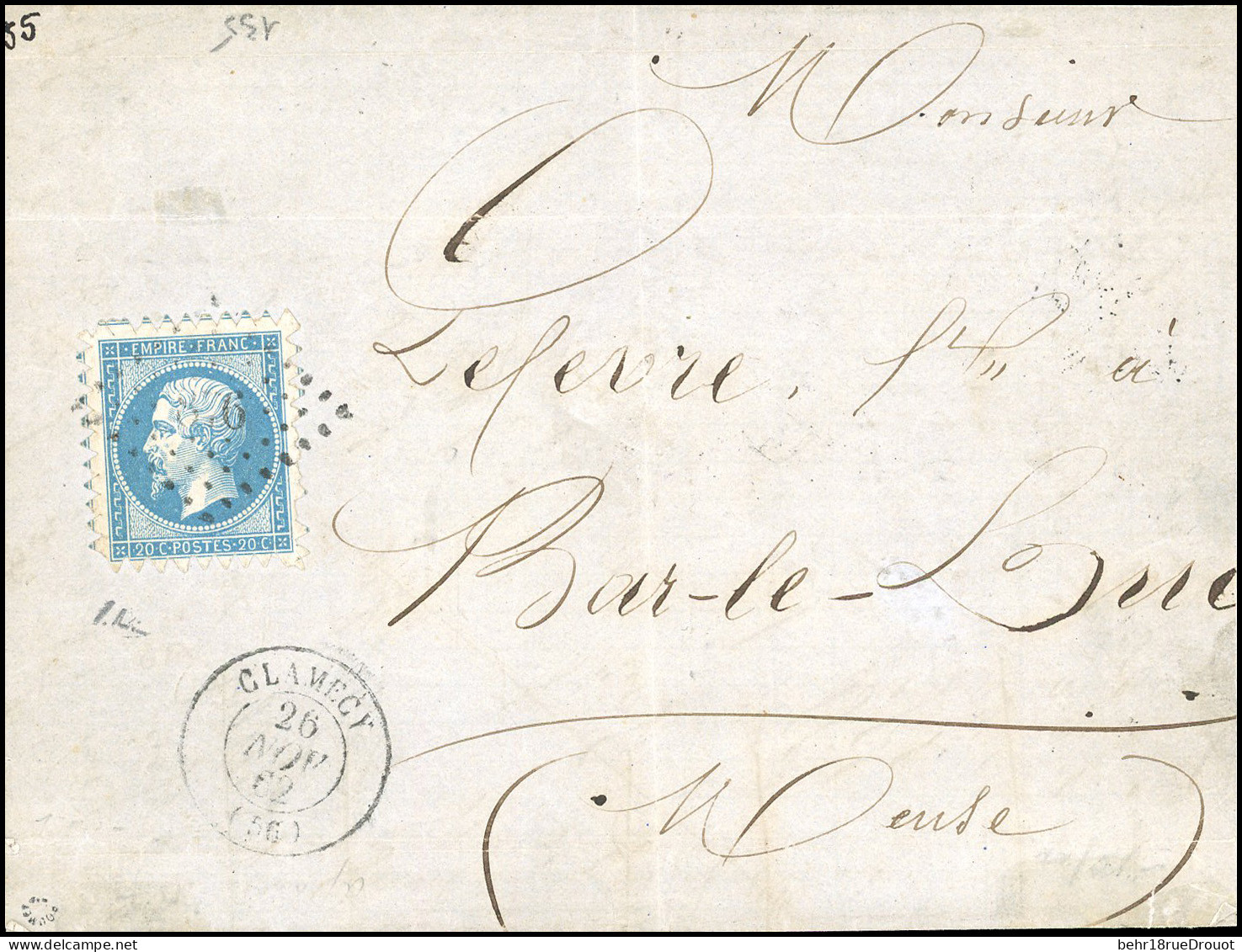 Obl. 14A - 20c. Bleu, Piquage De Clamecy, Obl. PC 876 S/lettre Incomplète Frappée Du CàD De CLAMECY Du 26 Novembre 1862  - 1853-1860 Napoléon III.